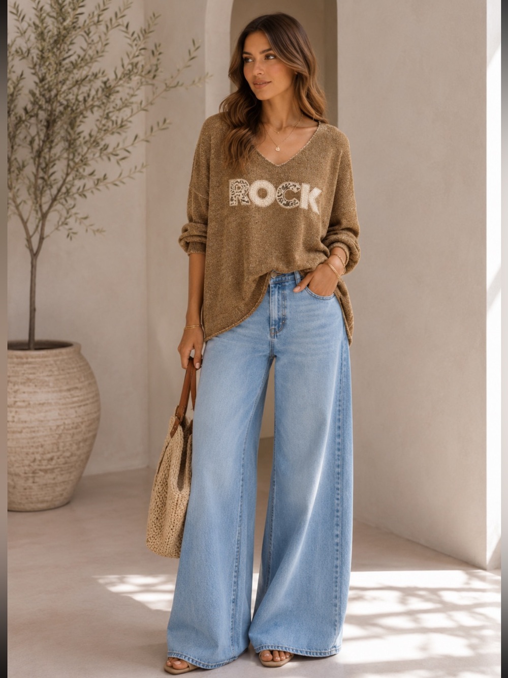 MADE IN ITALY Brown V-Neck Sweater with 'ROCK' Embroidery